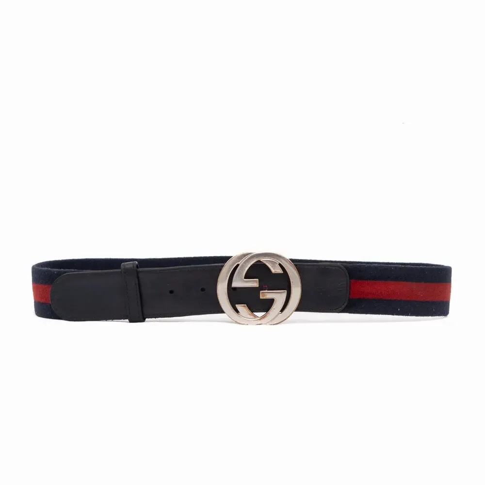 Gucci GG Interlocking Buckle Navy Red Web Striped Canvas / Leather Belt 90•36